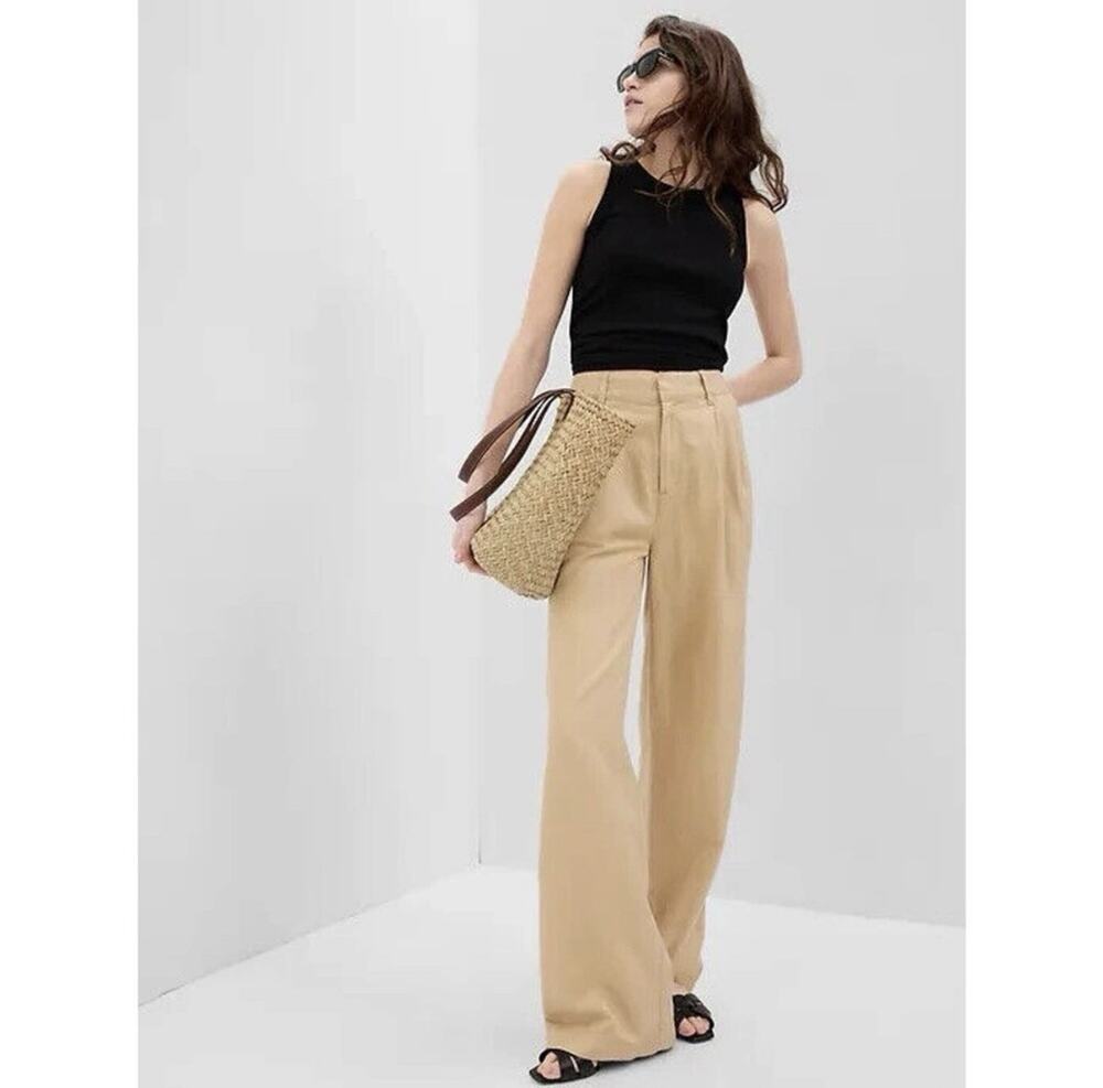 Gap Pleated Linen Pant 0 Cashew Crunch Tan Wide Leg Work Minimal City Chic Clean